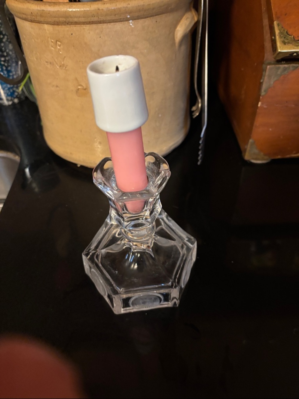 Vintage Clear Glass Candlestick with Pink Taper